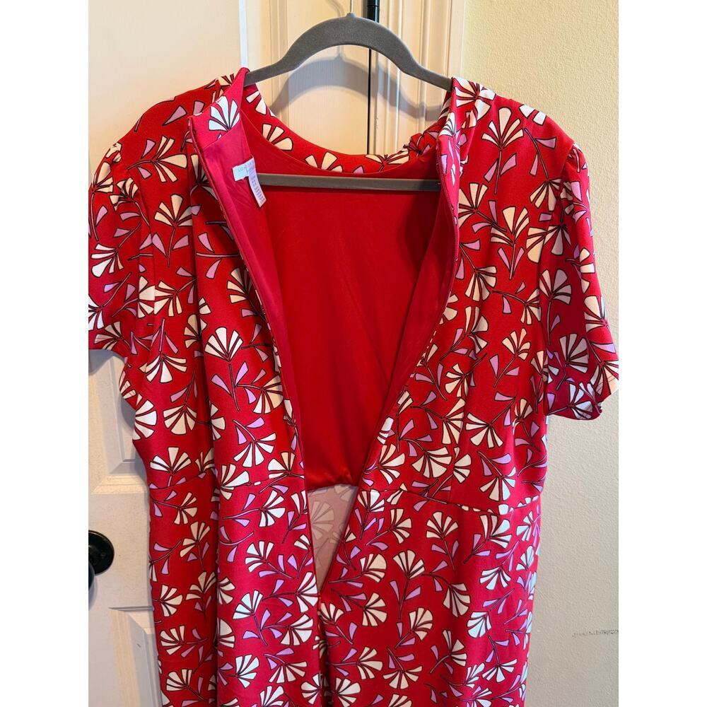 London Times Red Tie Neck Floral Abstract Midi Dress Women's Plus Size 20W - Picture 7 of 11